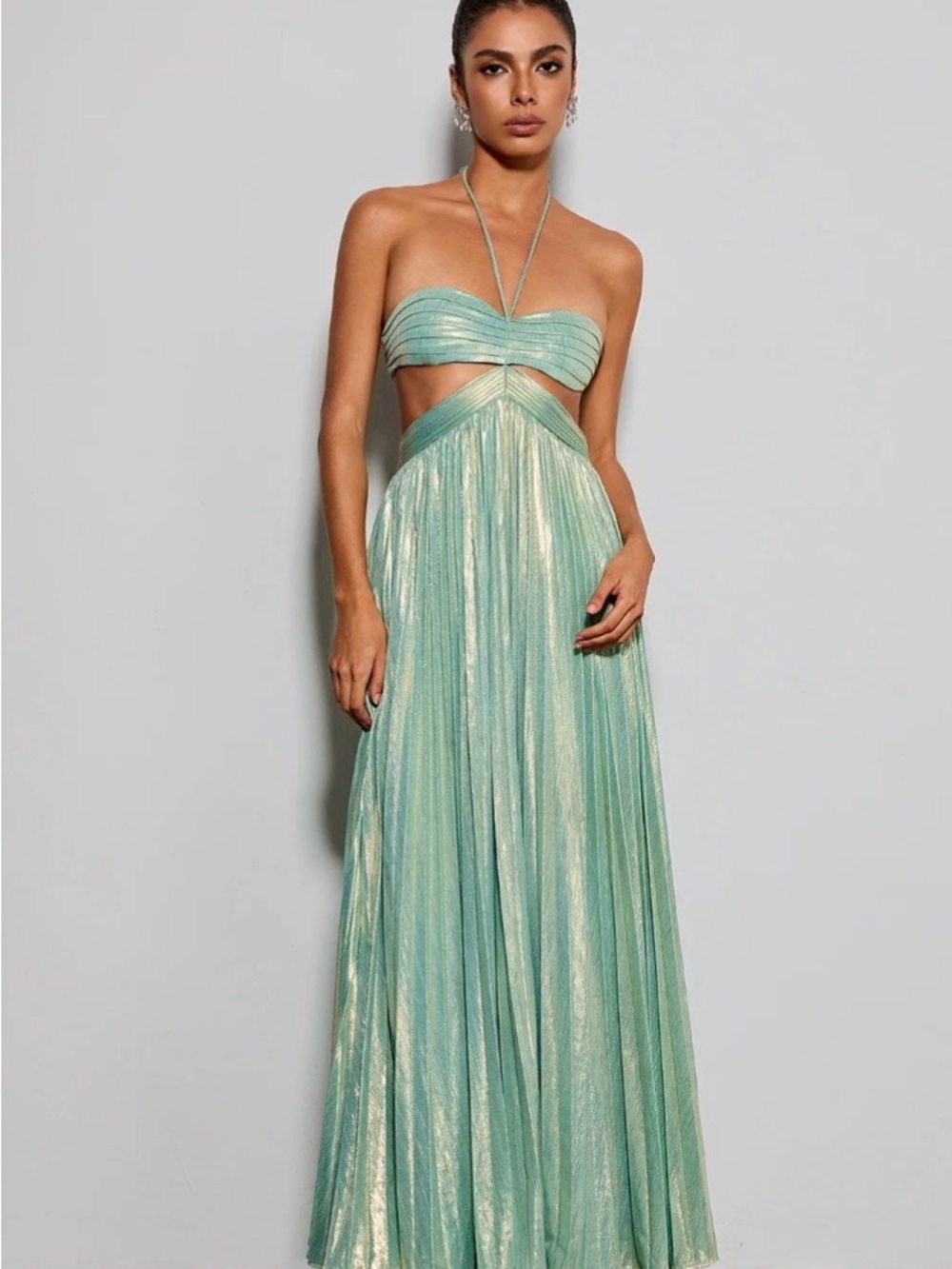 Strapless Metallic Mint Green Cutout Evening Dress
